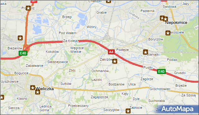 mapa Zakrzów gmina Niepołomice, Zakrzów gmina Niepołomice na mapie Targeo