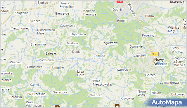 mapa Zawada gmina Bochnia, Zawada gmina Bochnia na mapie Targeo