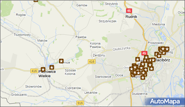 mapa Żerdziny gmina Pietrowice Wielkie, Żerdziny gmina Pietrowice Wielkie na mapie Targeo