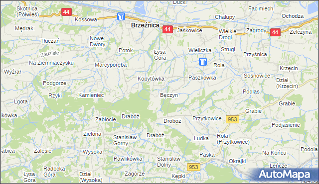 mapa Bęczyn gmina Brzeźnica, Bęczyn gmina Brzeźnica na mapie Targeo