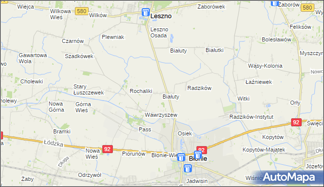 mapa Białuty gmina Błonie, Białuty gmina Błonie na mapie Targeo