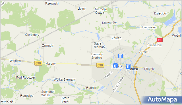 mapa Biernaty Średnie, Biernaty Średnie na mapie Targeo