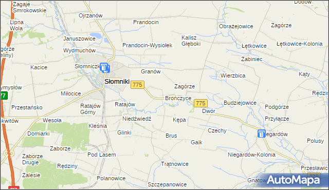 mapa Brończyce gmina Słomniki, Brończyce gmina Słomniki na mapie Targeo