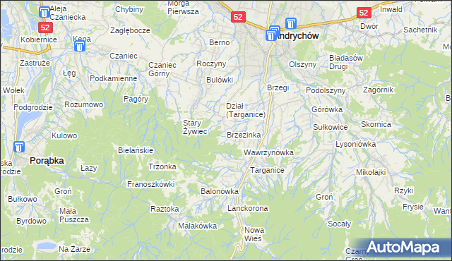 mapa Brzezinka gmina Andrychów, Brzezinka gmina Andrychów na mapie Targeo