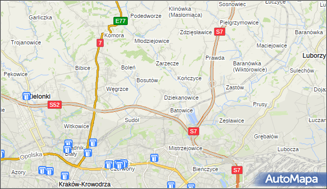 mapa Dziekanowice gmina Zielonki, Dziekanowice gmina Zielonki na mapie Targeo