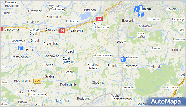 mapa Gołuchowice gmina Skawina, Gołuchowice gmina Skawina na mapie Targeo
