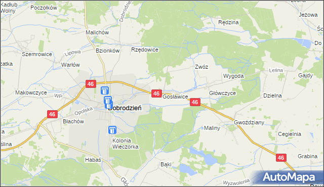 mapa Gosławice gmina Dobrodzień, Gosławice gmina Dobrodzień na mapie Targeo