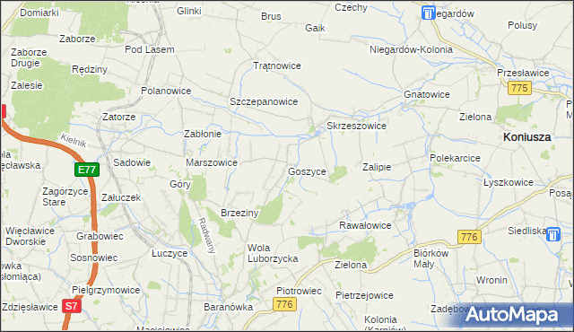 mapa Goszyce gmina Kocmyrzów-Luborzyca, Goszyce gmina Kocmyrzów-Luborzyca na mapie Targeo