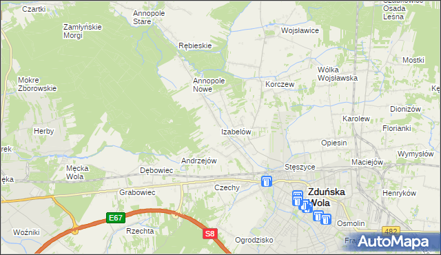 mapa Izabelów gmina Zduńska Wola, Izabelów gmina Zduńska Wola na mapie Targeo
