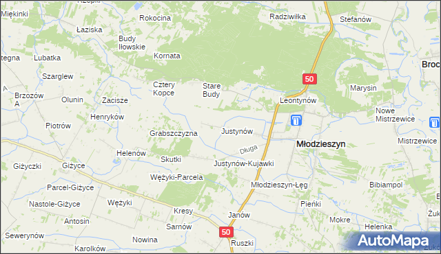 mapa Justynów gmina Młodzieszyn, Justynów gmina Młodzieszyn na mapie Targeo
