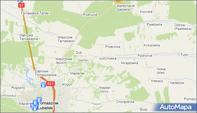 mapa Justynówka gmina Tomaszów Lubelski, Justynówka gmina Tomaszów Lubelski na mapie Targeo