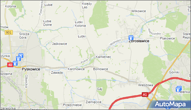 mapa Kamieniec gmina Zbrosławice, Kamieniec gmina Zbrosławice na mapie Targeo