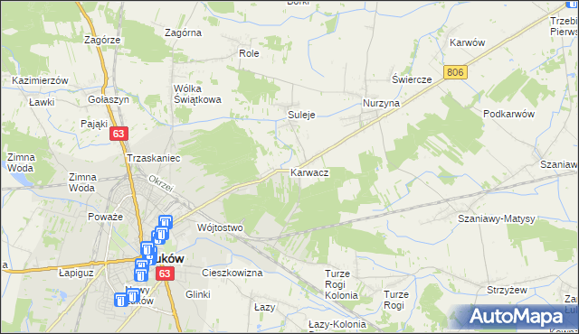 mapa Karwacz gmina Łuków, Karwacz gmina Łuków na mapie Targeo