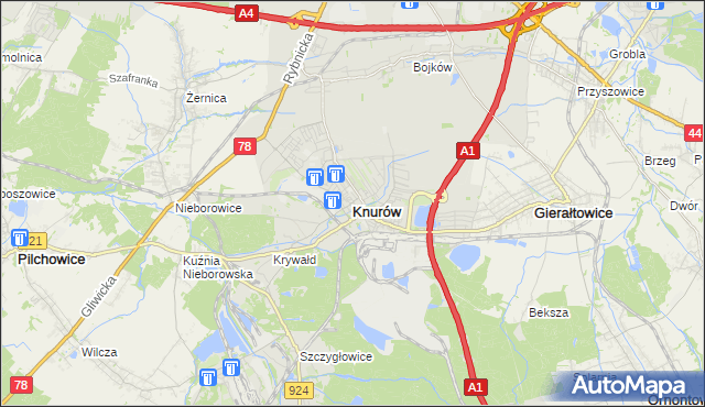 mapa Knurów powiat gliwicki, Knurów powiat gliwicki na mapie Targeo