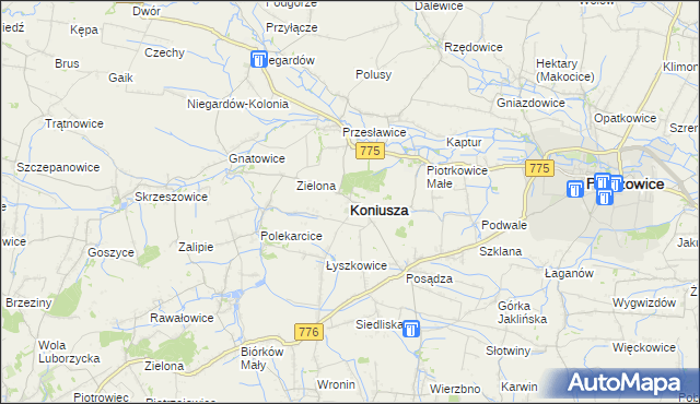 mapa Koniusza powiat proszowicki, Koniusza powiat proszowicki na mapie Targeo