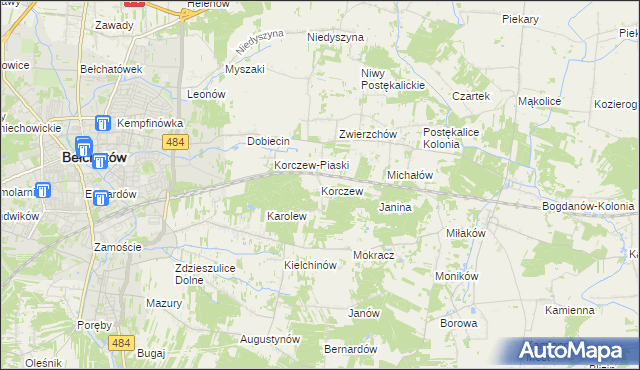 mapa Korczew gmina Bełchatów, Korczew gmina Bełchatów na mapie Targeo