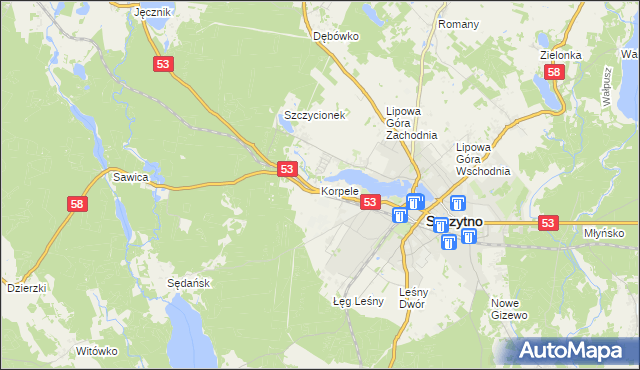 mapa Korpele, Korpele na mapie Targeo