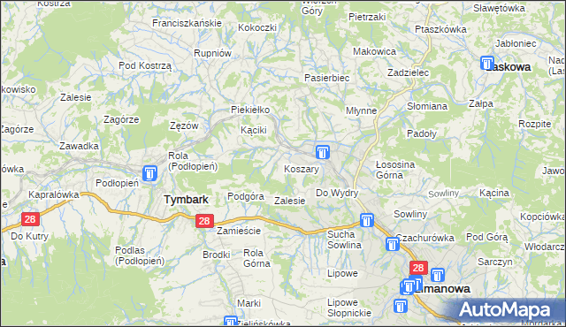 mapa Koszary gmina Limanowa, Koszary gmina Limanowa na mapie Targeo
