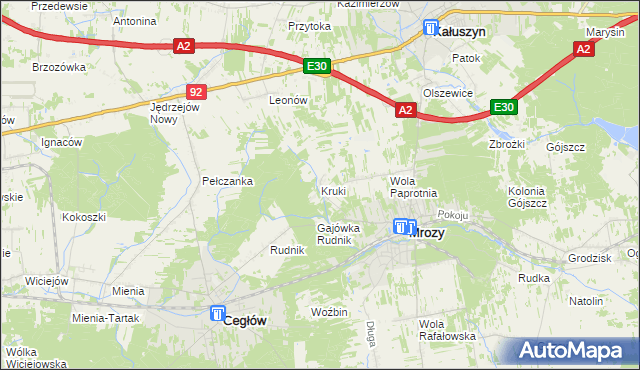 mapa Kruki gmina Mrozy, Kruki gmina Mrozy na mapie Targeo