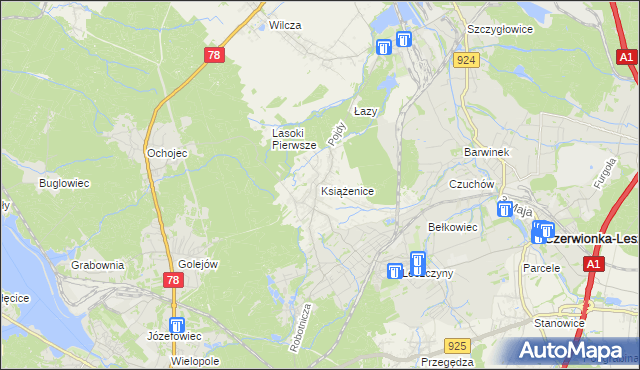 mapa Książenice gmina Czerwionka-Leszczyny, Książenice gmina Czerwionka-Leszczyny na mapie Targeo