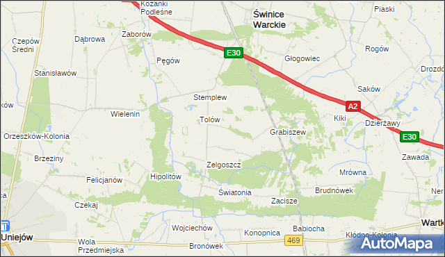 mapa Ładawy gmina Świnice Warckie, Ładawy gmina Świnice Warckie na mapie Targeo