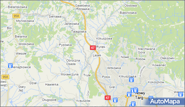 mapa Lasek gmina Nowy Targ, Lasek gmina Nowy Targ na mapie Targeo