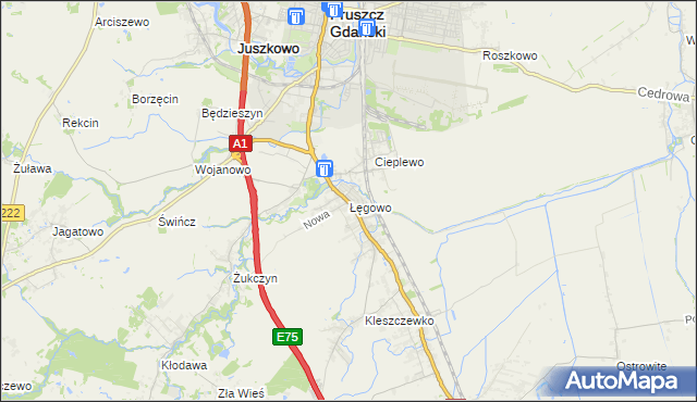 mapa Łęgowo gmina Pruszcz Gdański, Łęgowo gmina Pruszcz Gdański na mapie Targeo