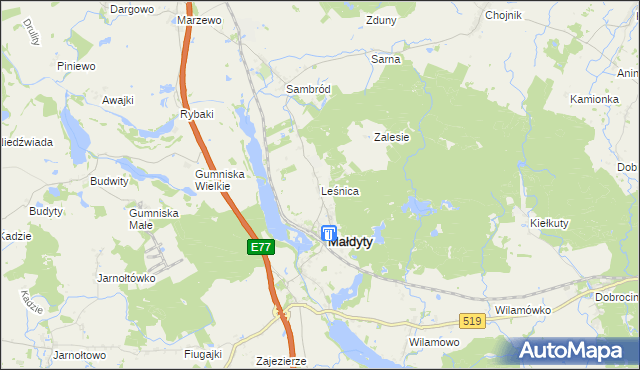mapa Leśnica gmina Małdyty, Leśnica gmina Małdyty na mapie Targeo