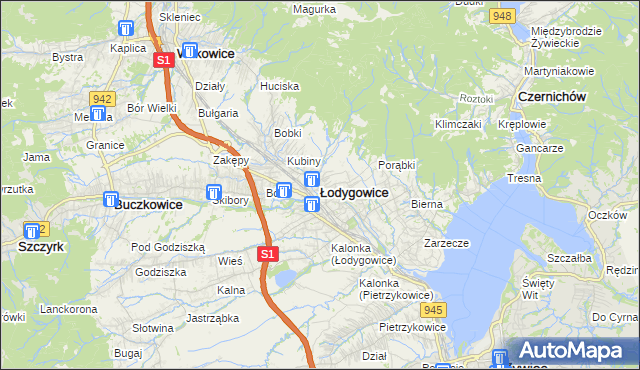 mapa Łodygowice powiat żywiecki, Łodygowice powiat żywiecki na mapie Targeo