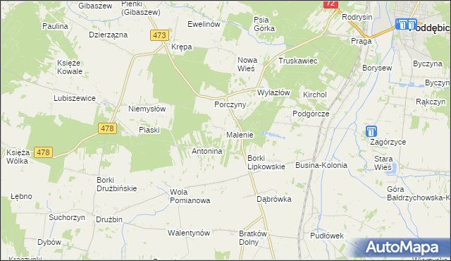 mapa Malenie gmina Poddębice, Malenie gmina Poddębice na mapie Targeo