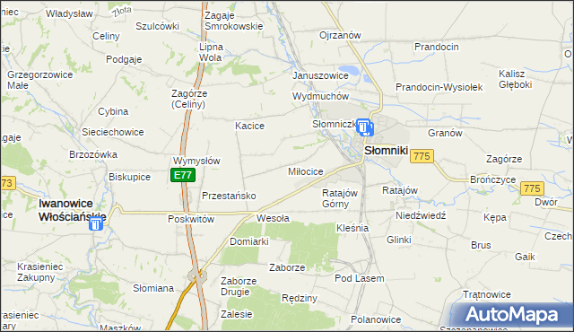 mapa Miłocice gmina Słomniki, Miłocice gmina Słomniki na mapie Targeo