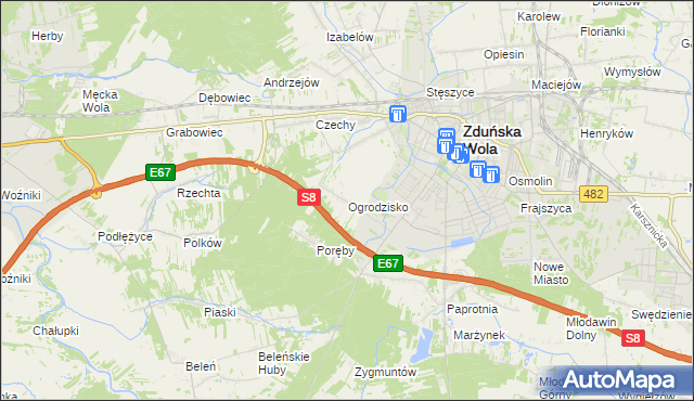 mapa Ogrodzisko gmina Zduńska Wola, Ogrodzisko gmina Zduńska Wola na mapie Targeo