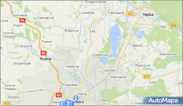 mapa Orzeszków gmina Nędza, Orzeszków gmina Nędza na mapie Targeo