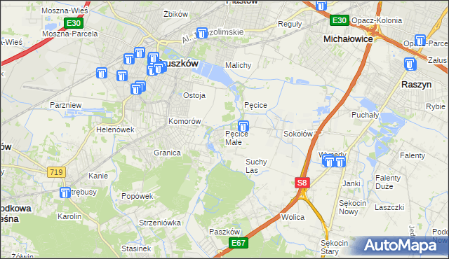 mapa Pęcice Małe, Pęcice Małe na mapie Targeo