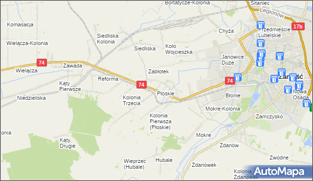 mapa Płoskie gmina Zamość, Płoskie gmina Zamość na mapie Targeo