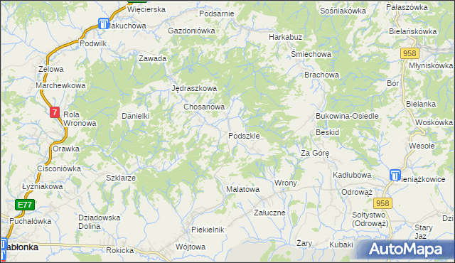 mapa Podszkle gmina Czarny Dunajec, Podszkle gmina Czarny Dunajec na mapie Targeo