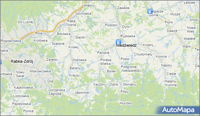 mapa Poręba Wielka gmina Niedźwiedź, Poręba Wielka gmina Niedźwiedź na mapie Targeo