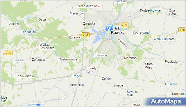 mapa Rokszyce gmina Biała Rawska, Rokszyce gmina Biała Rawska na mapie Targeo