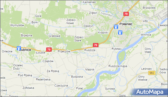 mapa Ruszcza gmina Połaniec, Ruszcza gmina Połaniec na mapie Targeo