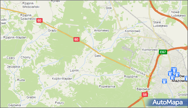 mapa Sielc gmina Ostrów Mazowiecka, Sielc gmina Ostrów Mazowiecka na mapie Targeo