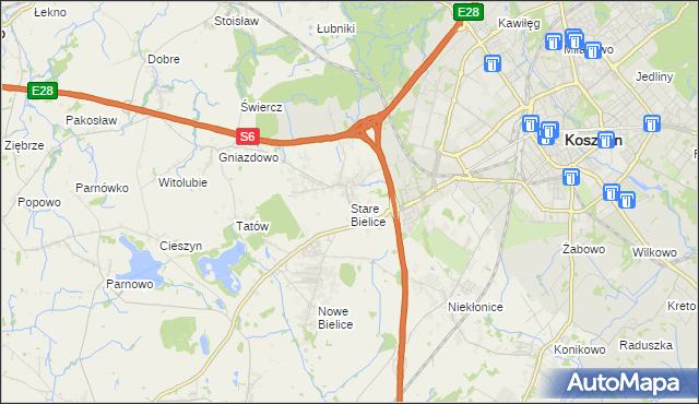 mapa Stare Bielice gmina Biesiekierz, Stare Bielice gmina Biesiekierz na mapie Targeo