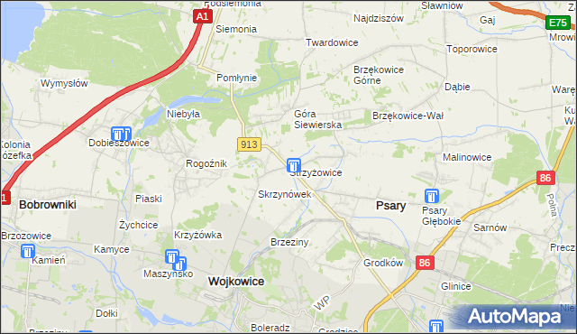 mapa Strzyżowice gmina Psary, Strzyżowice gmina Psary na mapie Targeo