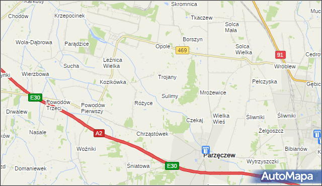 mapa Sulimy gmina Parzęczew, Sulimy gmina Parzęczew na mapie Targeo