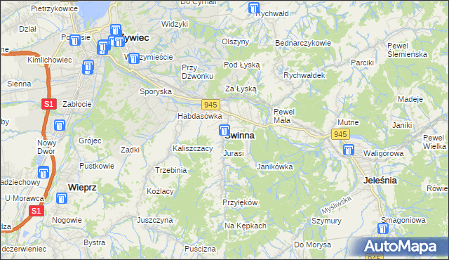 mapa Świnna powiat żywiecki, Świnna powiat żywiecki na mapie Targeo