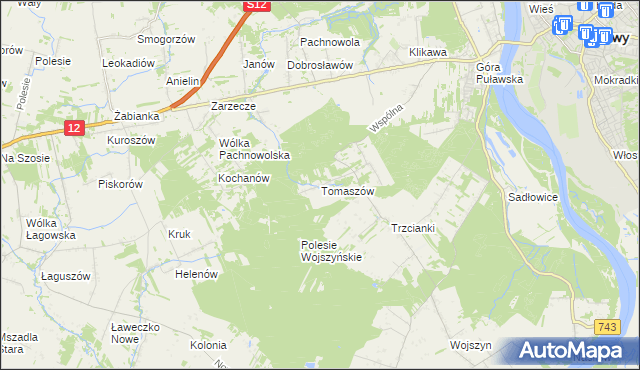 mapa Tomaszów gmina Puławy, Tomaszów gmina Puławy na mapie Targeo