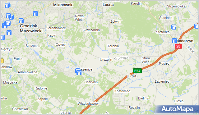 mapa Urszulin gmina Grodzisk Mazowiecki, Urszulin gmina Grodzisk Mazowiecki na mapie Targeo