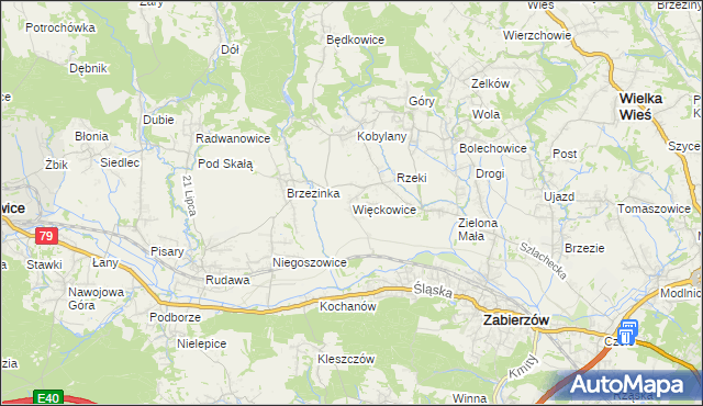 mapa Więckowice gmina Zabierzów, Więckowice gmina Zabierzów na mapie Targeo