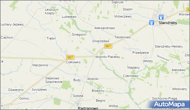 mapa Woźniki-Paklewy, Woźniki-Paklewy na mapie Targeo