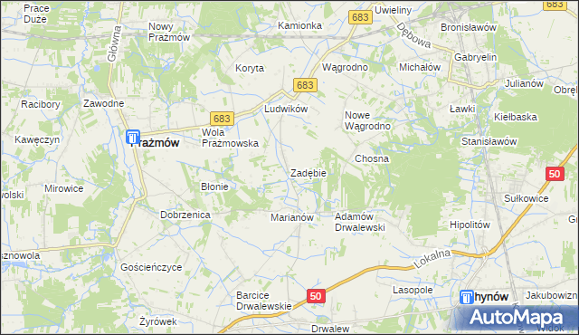 mapa Zadębie gmina Prażmów, Zadębie gmina Prażmów na mapie Targeo