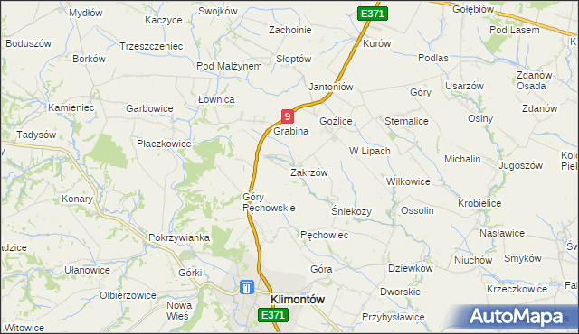mapa Zakrzów gmina Klimontów, Zakrzów gmina Klimontów na mapie Targeo